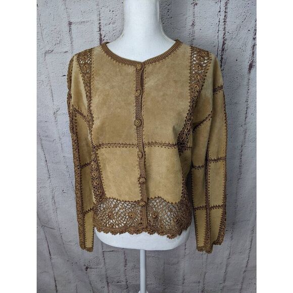 S.M.H. Boutique Tan Brown Vintage Boho Leather Suede Jacket Crochet Lace Patchwo - Picture 1 of 7